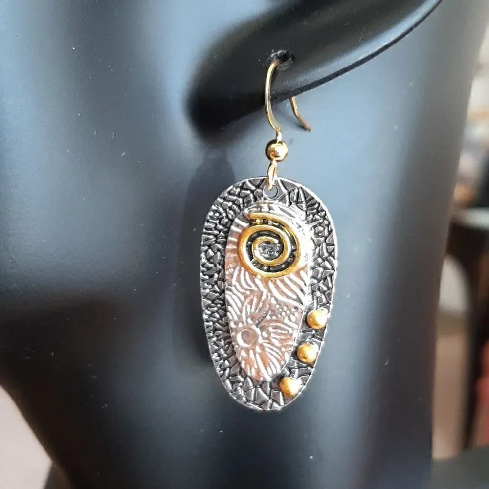 NWOT  Bohemian silver and gold oval drop earrings
